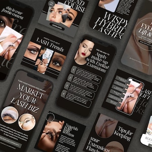May include: A collection of social media posts for a lash business. The posts feature images of models with different lash styles, tips on how to apply eyelash extensions, and information about lash trends.