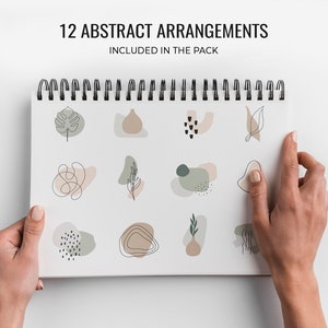 Puede incluir: Un cuaderno con 12 arreglos abstractos dibujados en negro, marr&oacute;n y verde sobre un fondo blanco. El cuaderno tiene una encuadernaci&oacute;n en espiral negra y el texto "12 ABSTRACT ARRANGEMENTS INCLUDED IN THE PACK" est&aacute; impreso en la parte superior de la p&aacute;gina.