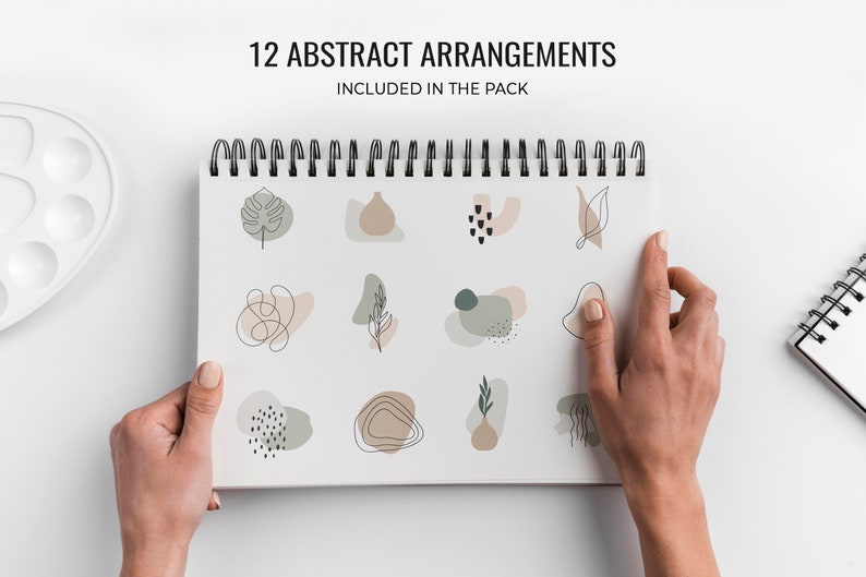 Puede incluir: Un cuaderno con 12 arreglos abstractos dibujados en negro, marr&oacute;n y verde sobre un fondo blanco. El cuaderno tiene una encuadernaci&oacute;n en espiral negra y el texto "12 ABSTRACT ARRANGEMENTS INCLUDED IN THE PACK" est&aacute; impreso en la parte superior de la p&aacute;gina.