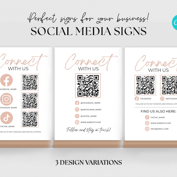 Connect with us sign, Social Media Sign Template, QR business sign, Follow us on facebook sign, Follow Us on Social Media Sign, Pop Up Event