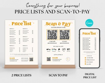 May include: Two printable price list templates and a digital price list template for a business. The templates feature a gold and black color scheme with a modern design. The scan-to-pay template includes QR codes for Cash App, Venmo, and PayPal.