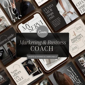 May include: A collage of images promoting marketing and business coaching services. The images feature a woman in a black outfit, a laptop, and text that says "Marketing & Business Coach" and "Posts & Stories & Carousels".