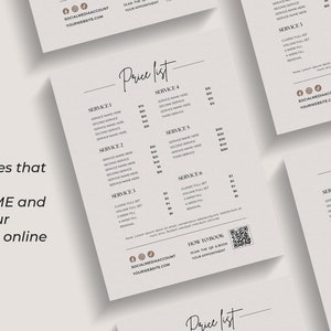 May include: A price list template for a business. The template is designed to be used for a service-based business, such as a salon or spa. The template includes a list of services, prices, and a QR code for booking appointments. The template is designed to be printed and displayed in a business.