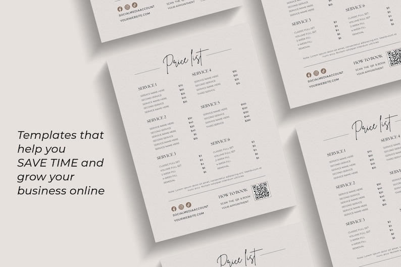 May include: A price list template for a business. The template is designed to be used for a service-based business, such as a salon or spa. The template includes a list of services, prices, and a QR code for booking appointments. The template is designed to be printed and displayed in a business.