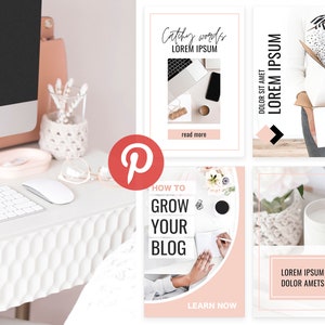 K&ouml;nnte beinhalten: Eine Collage aus Bildern mit einem rosa-wei&szlig;en Farbschema. Die Bilder zeigen einen Laptop, eine Kerze, ein Notizbuch und eine Person, die ein Paket h&auml;lt. Die Texte "Catchy words Lorem Ipsum" und "How to Grow Your Blog" sind in den Bildern zu sehen.