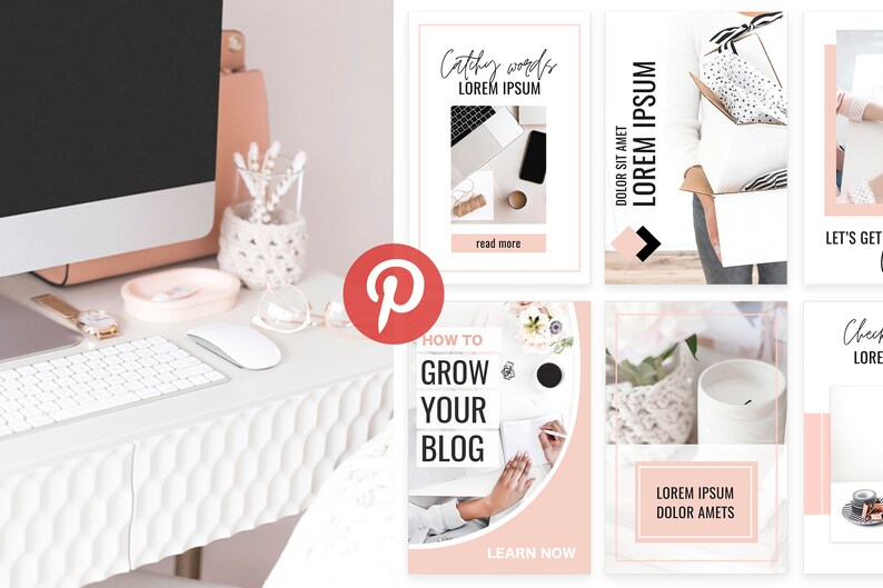 K&ouml;nnte beinhalten: Eine Collage aus Bildern mit einem rosa-wei&szlig;en Farbschema. Die Bilder zeigen einen Laptop, eine Kerze, ein Notizbuch und eine Person, die ein Paket h&auml;lt. Die Texte "Catchy words Lorem Ipsum" und "How to Grow Your Blog" sind in den Bildern zu sehen.