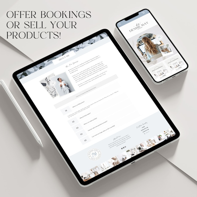 May include: A digital marketing display featuring a tablet and smartphone. The tablet displays a website with the text "ABOUT ME" and a photo. The smartphone shows a website with the text "LA DENISE MAY". The text at the top says "OFFER BOOKINGS OR SELL YOUR PRODUCTS!"