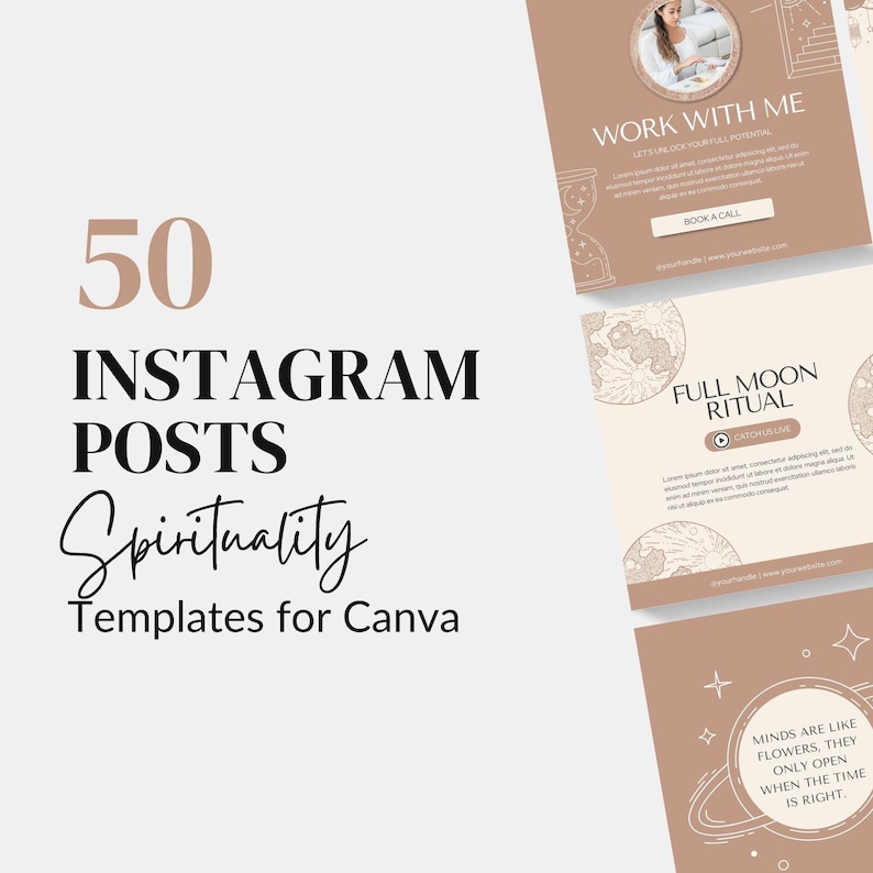 K&ouml;nnte beinhalten: Ein Set mit 50 Instagram-Post-Vorlagen f&uuml;r Canva zum Thema Spiritualit&auml;t. Die Vorlagen bieten eine Vielzahl von Designs mit einer neutralen Farbpalette in Braun und Beige. Der Text "50 Instagram Posts Spirituality Templates for Canva" wird in schwarzer Schrift auf wei&szlig;em Hintergrund angezeigt.