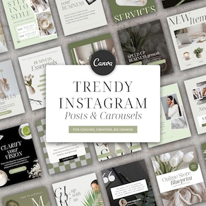 May include: A collection of Instagram post templates and carousels with a modern design. The templates feature a white and green color scheme with text such as "Trendy Instagram Posts & Carousels" and "Business Essentials".
