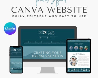 Travel website Canva template, Canva website page template, Canva website template, Canva landing page, Travel agent website, Blue website