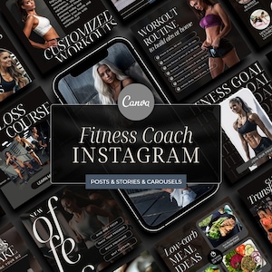 May include: A collage of images promoting fitness coaching services on Instagram. The images feature various fitness-related themes, including customized workouts, workout routines, fitness goals, and low-carb meal ideas. The text "Fitness Coach Instagram" is prominently displayed in the center of the collage.