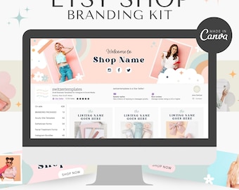 Puede incluir: Una pantalla de ordenador que muestra un kit de marca para tiendas de Etsy. El kit incluye banners, vistas previas de listados, un logotipo y tarjetas. El diseño es colorido y presenta un esquema de color pastel con acentos de rosa, azul y verde. El texto en la pantalla dice "Etsy Shop Branding Kit" y "Bienvenido a Shop Name".