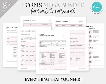 May include: A pink and white printable forms bundle for facial treatment businesses. The bundle includes forms for client sign-in, skin analysis, facial consultation, income tracker, and treatment instructions. The text "FORMS MEGA BUNDLE facial treatment" is at the top of the image. The text "EVERYTHING THAT YOU NEED!" is at the bottom of the image.