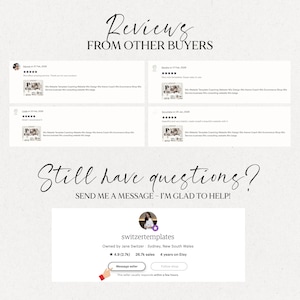 May include: A graphic with customer reviews and the text "Reviews From Other Buyers." Below, the text "Still have questions? Send me a message - I'm glad to help!" is displayed. The seller's profile is shown with a message button.