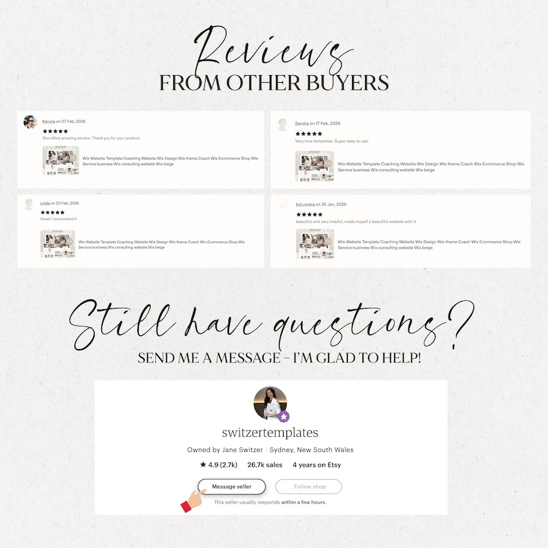 May include: A graphic with customer reviews and the text "Reviews From Other Buyers." Below, the text "Still have questions? Send me a message - I'm glad to help!" is displayed. The seller's profile is shown with a message button.