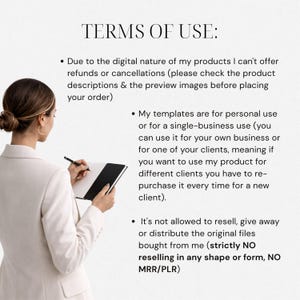 May include: A woman in a white blazer writes in a black notebook. The image includes the text "TERMS OF USE:" followed by bullet points detailing refund policies, usage rights, and restrictions on reselling digital products. The background is plain.
