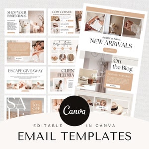 Może przedstawiać: Edytowalne szablony wiadomości e-mail dla firmy sprzedającej dekoracje do domu i produkty lifestyle'owe. Szablony charakteryzują się neutralną paletą kolorów z beżem, brązem i bielą. Szablony zawierają obrazy przytulnego kącika, świeżej kolekcji, sekcji z opiniami klientów, konkursu i wpisu na blogu o estetycznym miejscu pracy.