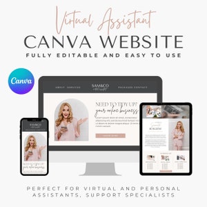 Pode incluir: Uma maquete de um site para assistentes virtuais, criada usando Canva. O site é totalmente editável e fácil de usar. O site apresenta um fundo cinza claro com um cabeçalho de texto branco que diz "Precisa organizar? Seu negócio online". O site também apresenta uma foto de uma mulher com uma camisa rosa em um fundo branco.