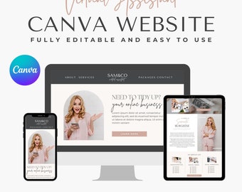 Modello di sito web Canva per assistente virtuale, modello di sito web estetico, modello di pagina di vendita Canva, sito web per pagina di coaching aziendale per lavoratori da remoto.