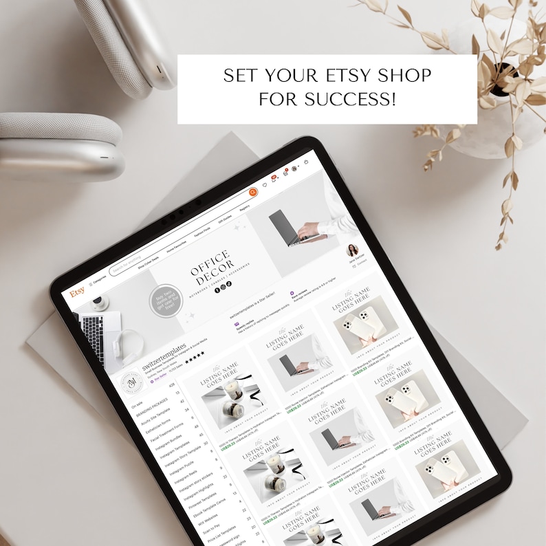 Peut inclure: Une capture d'&eacute;cran d'une boutique Etsy avec le texte "SET YOUR ETSY SHOP FOR SUCCESS!" en haut. La boutique vend des mod&egrave;les num&eacute;riques pour les listes Etsy, y compris des mod&egrave;les d'histoires Instagram, des photos de listes et des graphiques de m&eacute;dias sociaux. Le nom de la boutique est "switzertemplates".