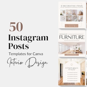 May include: A set of 50 Instagram post templates for Canva, designed for interior design. The templates feature a minimalist aesthetic with a brown and white color scheme. The text "50 Instagram Posts" and "Templates for Canva" is displayed in a bold, black font. The text "Interior Design" is written in a cursive font.
