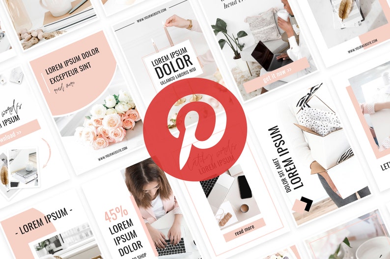 K&ouml;nnte beinhalten: Eine Sammlung von Social-Media-Grafiken mit einem rosa-wei&szlig;en Farbschema. Die Grafiken zeigen Text&uuml;berlagerungen mit den W&ouml;rtern "LOREM IPSUM" und "DOLOR".