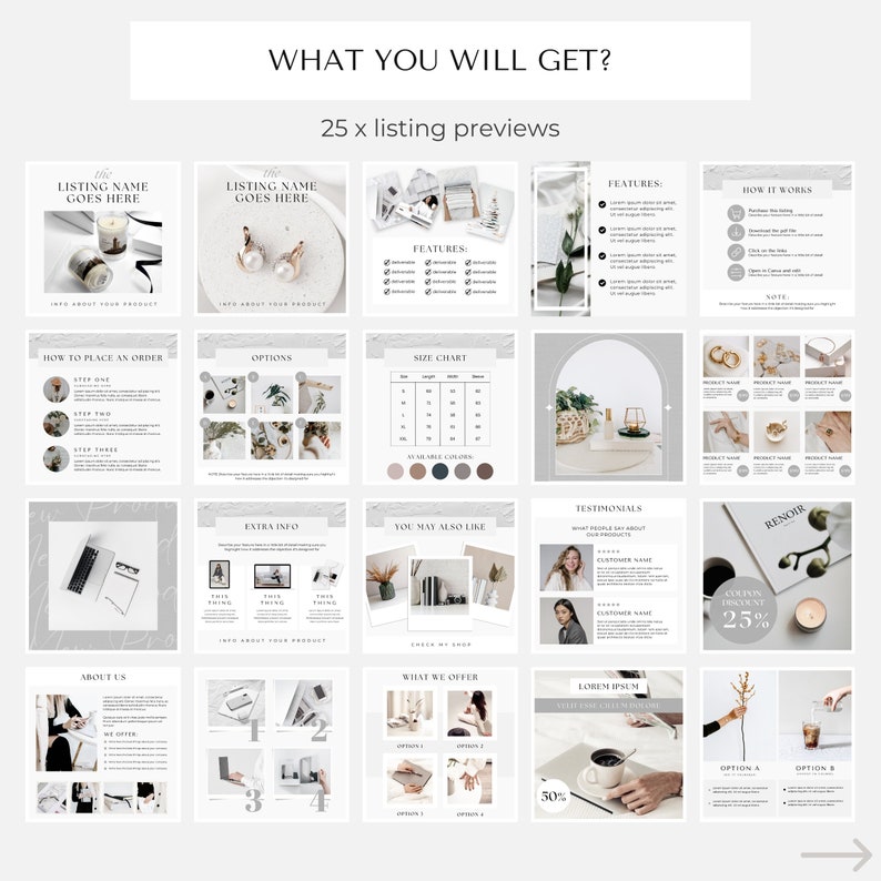 Peut inclure: Un ensemble de 25 mod&egrave;les de publication Instagram pour les listes de boutiques Etsy. Les mod&egrave;les pr&eacute;sentent un design minimaliste avec un sch&eacute;ma de couleurs gris et blanc. Les mod&egrave;les comprennent des sections pour les informations sur le produit, les caract&eacute;ristiques, la fa&ccedil;on de passer une commande, le tableau des tailles, les t&eacute;moignages, etc.