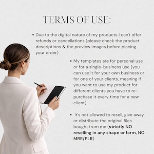 May include: A woman in a white blazer writes in a black notebook. The image includes the text "TERMS OF USE:" followed by bullet points about digital product refunds, template usage, and resale restrictions.