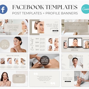 K&ouml;nnte beinhalten: Eine Sammlung von 12 anpassbaren Facebook-Postvorlagen f&uuml;r ein Beauty- oder Hautpflegeunternehmen. Die Vorlagen zeichnen sich durch ein neutrales Beigetonschema mit Bildern von Frauen aus, die Gesichtsbehandlungen erhalten. Die Vorlagen enthalten Text wie "Ihr Titel hier", "Was wir anbieten", "Unsere Produkte", "Sonderangebot", "Oktober-Sale" und "Perfekte Hautpflege-Routine".