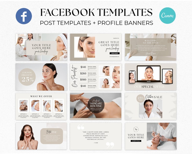 K&ouml;nnte beinhalten: Eine Sammlung von 12 anpassbaren Facebook-Postvorlagen f&uuml;r ein Beauty- oder Hautpflegeunternehmen. Die Vorlagen zeichnen sich durch ein neutrales Beigetonschema mit Bildern von Frauen aus, die Gesichtsbehandlungen erhalten. Die Vorlagen enthalten Text wie "Ihr Titel hier", "Was wir anbieten", "Unsere Produkte", "Sonderangebot", "Oktober-Sale" und "Perfekte Hautpflege-Routine".