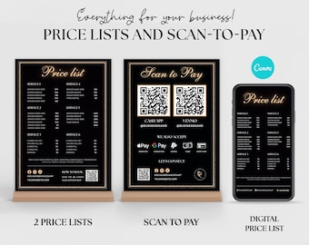 May include: Two black and gold price list signs with a black and gold scan to pay sign. The scan to pay sign has two QR codes, a list of payment methods, and social media icons. The price list signs have a list of services and prices. A digital price list is shown on a black smartphone.