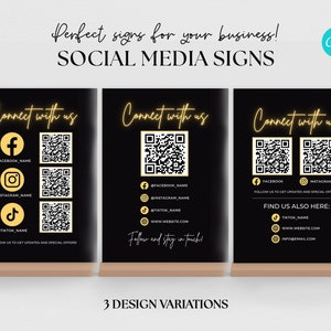 Follow Us on Social Media Sign, Social Media QR Code Sign Template, QR Social Media Business Sign Template, Connect with us sign Canva