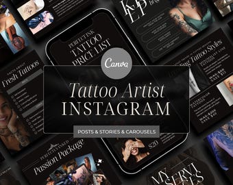 May include: A black and white graphic design for a tattoo artist's Instagram page. The design features a variety of tattoo styles, including minimalist line tattoos, watercolor tattoos, and traditional tattoos. The design also includes text that says "Tattoo Artist Instagram" and "Posts & Stories & Carousels".