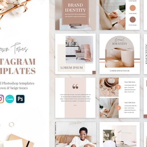 Brown Instagram Templates for Canva. Beige Instagram. Premade templates. Instagram Posts for Canva and Photoshop. Canva instagram. Feminine