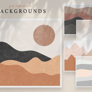 Puede incluir: Una colecci&oacute;n de fondos prefabricados con dise&ntilde;os de paisajes abstractos. La obra de arte principal muestra un sol y colinas en capas en tonos marrones, negros y beige. Los dise&ntilde;os adicionales incluyen patrones de monta&ntilde;as y olas en tonos terrosos similares.