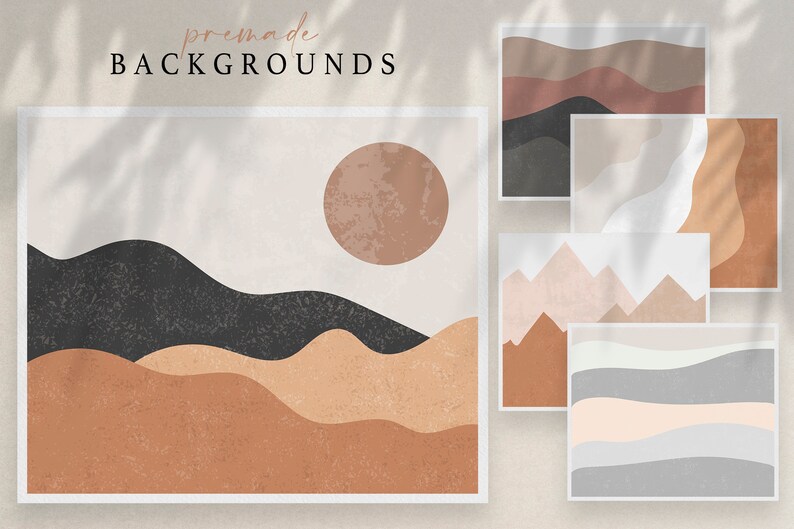 Puede incluir: Una colecci&oacute;n de fondos prefabricados con dise&ntilde;os de paisajes abstractos. La obra de arte principal muestra un sol y colinas en capas en tonos marrones, negros y beige. Los dise&ntilde;os adicionales incluyen patrones de monta&ntilde;as y olas en tonos terrosos similares.