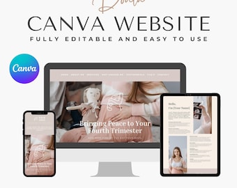 May include: A Canva website template for doulas, featuring a light pink and white color scheme. The website template includes a header with the text "Doula Canva Website" and "Fully Editable and Easy to Use". The website template also includes a section with the text "Bringing Peace to Your Fourth Trimester" and a photo of a pregnant woman.