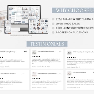 May include: A screenshot of a website with testimonials and information about why to choose this seller. The website features a white background with blue and gray accents. The text includes "STAR SELLER & TOP 1% ETSY SELLER", "OVER 14000 SALES", "EXCELLENT CUSTOMER SERVICE", and "PROFESSIONAL DESIGNS". The testimonials are from customers who have purchased branding kits and are positive about the quality and value of the products.
