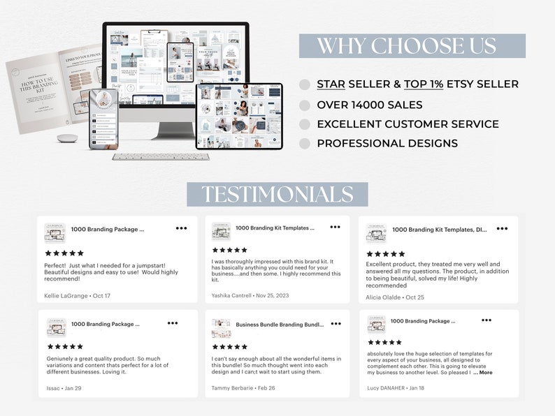 May include: A screenshot of a website with testimonials and information about why to choose this seller. The website features a white background with blue and gray accents. The text includes "STAR SELLER & TOP 1% ETSY SELLER", "OVER 14000 SALES", "EXCELLENT CUSTOMER SERVICE", and "PROFESSIONAL DESIGNS". The testimonials are from customers who have purchased branding kits and are positive about the quality and value of the products.