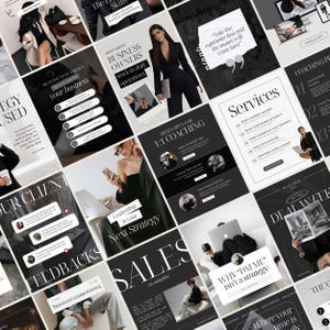 Op de afbeelding: Een collage van marketingmaterialen in zwart en wit, met tekst en afbeeldingen over business coaching en strategie. Het ontwerp bevat citaten, servicebeschrijvingen en getuigenissen van klanten. Het algemene thema is professioneel en modern.