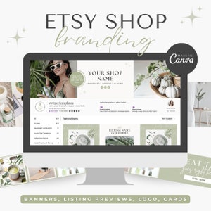 May include: A computer screen displaying a mockup of an Etsy shop banner with a green and white color scheme. The banner features the text "YOUR SHOP NAME" and "BACKPACKS | CANDLES | CLOTHES". The banner also includes a photo of a woman wearing sunglasses and a green swimsuit. The text "Buy two items and get one for free!" is also included on the banner. The screen also displays a mockup of an Etsy shop listing preview with the text "the LISTING NAME GOES HERE". The text "MADE IN Canva" is displayed in a circle in the upper right corner of the image.