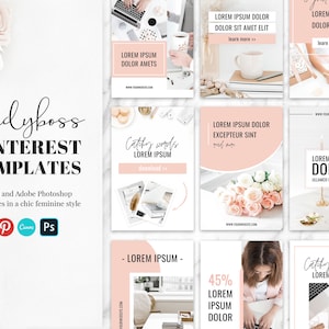 K&ouml;nnte beinhalten: Ein Satz rosa und wei&szlig;er Pinterest-Vorlagen f&uuml;r soziale Medien. Die Vorlagen enthalten Text wie "Ladyboss Pinterest Templates", "Catchy words Lorem Ipsum", "Lorem Ipsum Dolor" und "45% Lorem Ipsum Dolor".