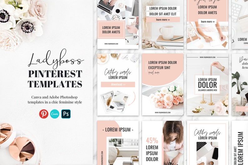 K&ouml;nnte beinhalten: Ein Satz rosa und wei&szlig;er Pinterest-Vorlagen f&uuml;r soziale Medien. Die Vorlagen enthalten Text wie "Ladyboss Pinterest Templates", "Catchy words Lorem Ipsum", "Lorem Ipsum Dolor" und "45% Lorem Ipsum Dolor".