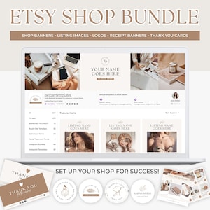 Może przedstawiać: Cyfrowy makiet sklepu Etsy w brązowo-białej kolorystyce. Sklep oferuje różnorodne produkty, w tym pakiety brandingowe, zdjęcia produktów, logo, banery paragonów i kartki z podziękowaniami. Tekst "SET UP YOUR SHOP FOR SUCCESS!" jest wyświetlany dużą czcionką.
