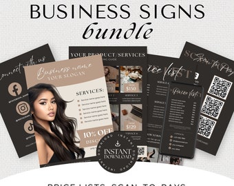 May include: A set of printable business signs for social media, price lists, and scan-to-pay QR codes. The signs feature a black and brown color scheme with a modern design. The text on the signs includes "Business name", "Your Slogan", "Services", "Price List", "Scan to Pay", and "Connect with us".