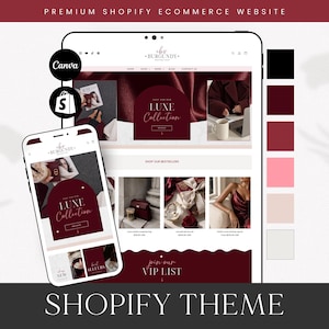 May include: A digital display of a Shopify e-commerce website theme featuring a burgundy and white color palette. The layout includes a tablet and smartphone view, a color swatch sidebar, and text reading Luxe Collection, Shop Our Bestsellers, and VIP List.