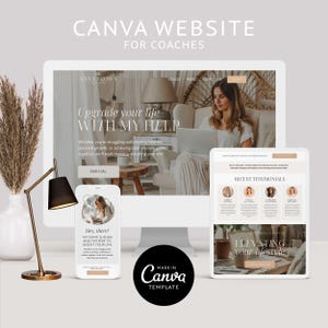 May include: A mockup of a website for coaches, featuring a desktop computer and a mobile phone. The website has a light background with a photo of a woman sitting on a sofa. The text on the website says "Upgrade your life with my help." The mobile phone shows a close-up of the woman with the text "Hey, there! My name is Anna and I'm here to boost your life."
