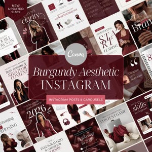 Può includere: Un collage di modelli Instagram a tema bordeaux. La grafica centrale recita "Burgundy Aesthetic INSTAGRAM" con "Instagram Posts & Carousels" sotto. Varie immagini includono testo come "clarity", "Marketing in 2026" e "Start Leading".
