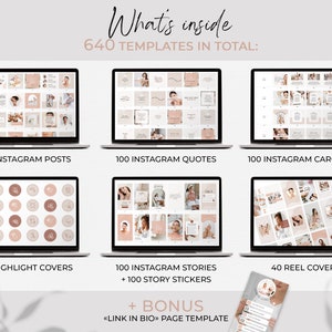May include: A laptop screen displaying a collection of 640 social media templates for Instagram. The templates are organized into categories: Instagram posts, quotes, carousels, highlight covers, stories, and reel covers. The templates are designed in a minimalist aesthetic with a neutral color palette of beige and brown.