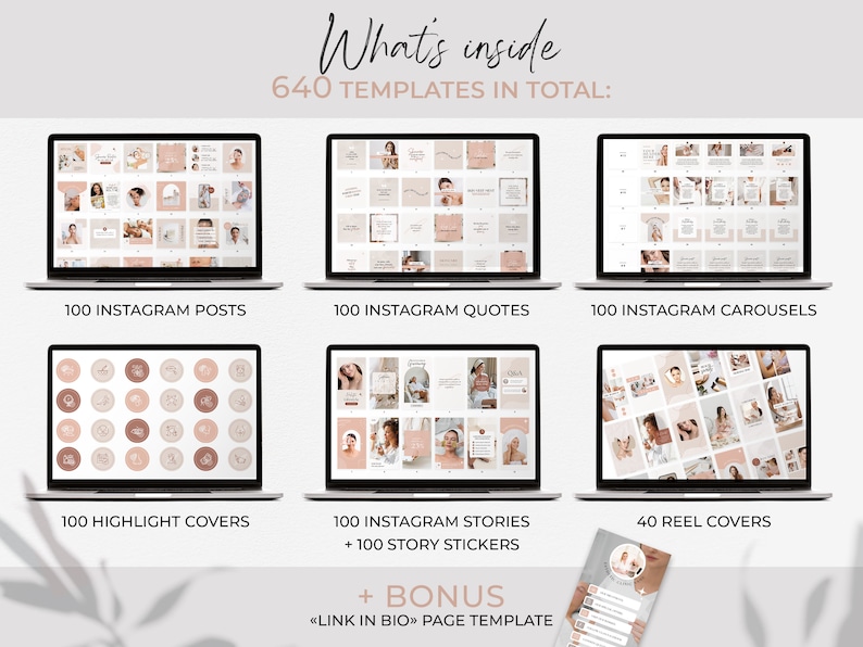 May include: A laptop screen displaying a collection of 640 social media templates for Instagram. The templates are organized into categories: Instagram posts, quotes, carousels, highlight covers, stories, and reel covers. The templates are designed in a minimalist aesthetic with a neutral color palette of beige and brown.